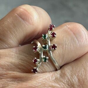 Vintage Ruby Emerald Ring, Simulated Stones, Gold Plated Pure Silver Ring